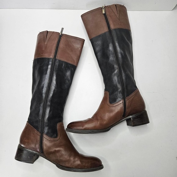 Franco Sarto Leather Riding Boots 9.5 Black Brown Embossed Logo - Picture 7 of 12